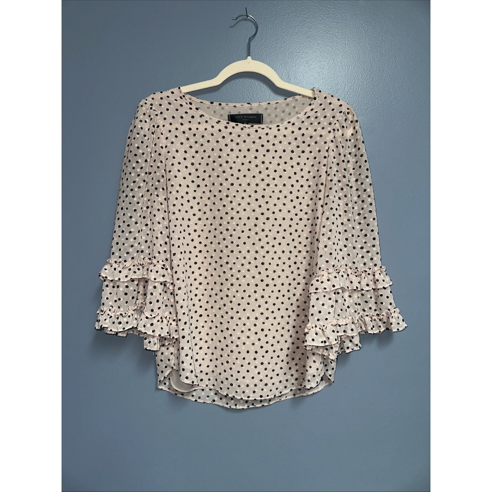 Women's Max Studio Polka Dot Blouse XS Pale Pink With Black‎ Fully Lined